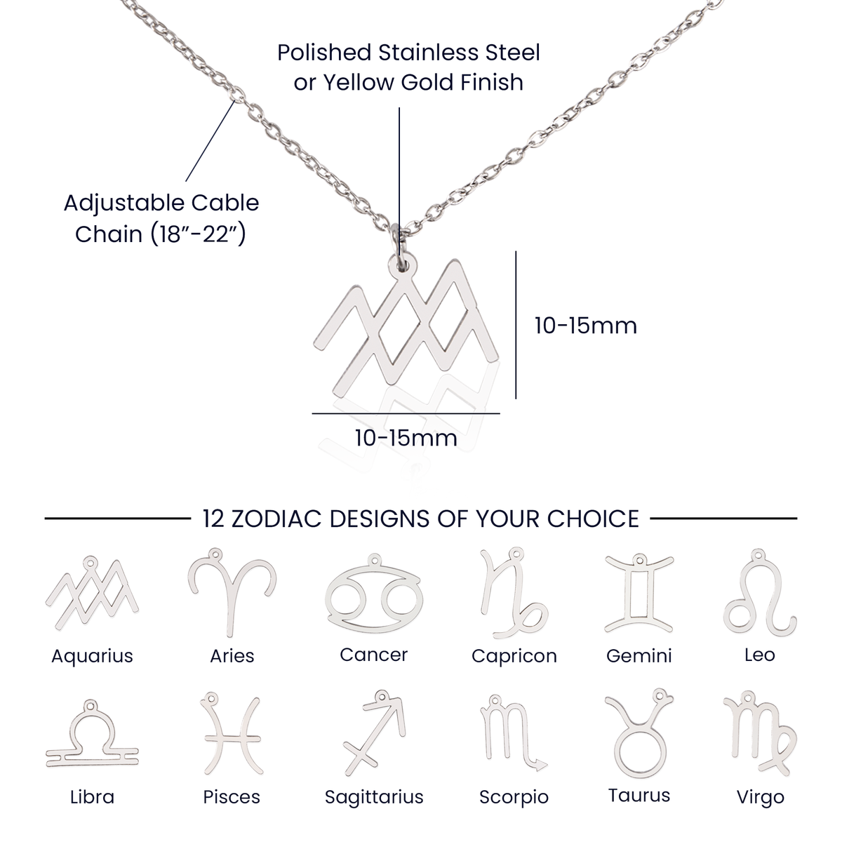 Zodiac Sign Necklace chain length and pendant size diagram.