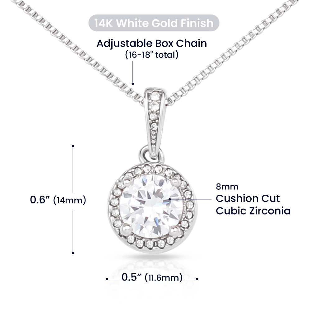 Product diagram of halo pendant with dimensions and material specifications.