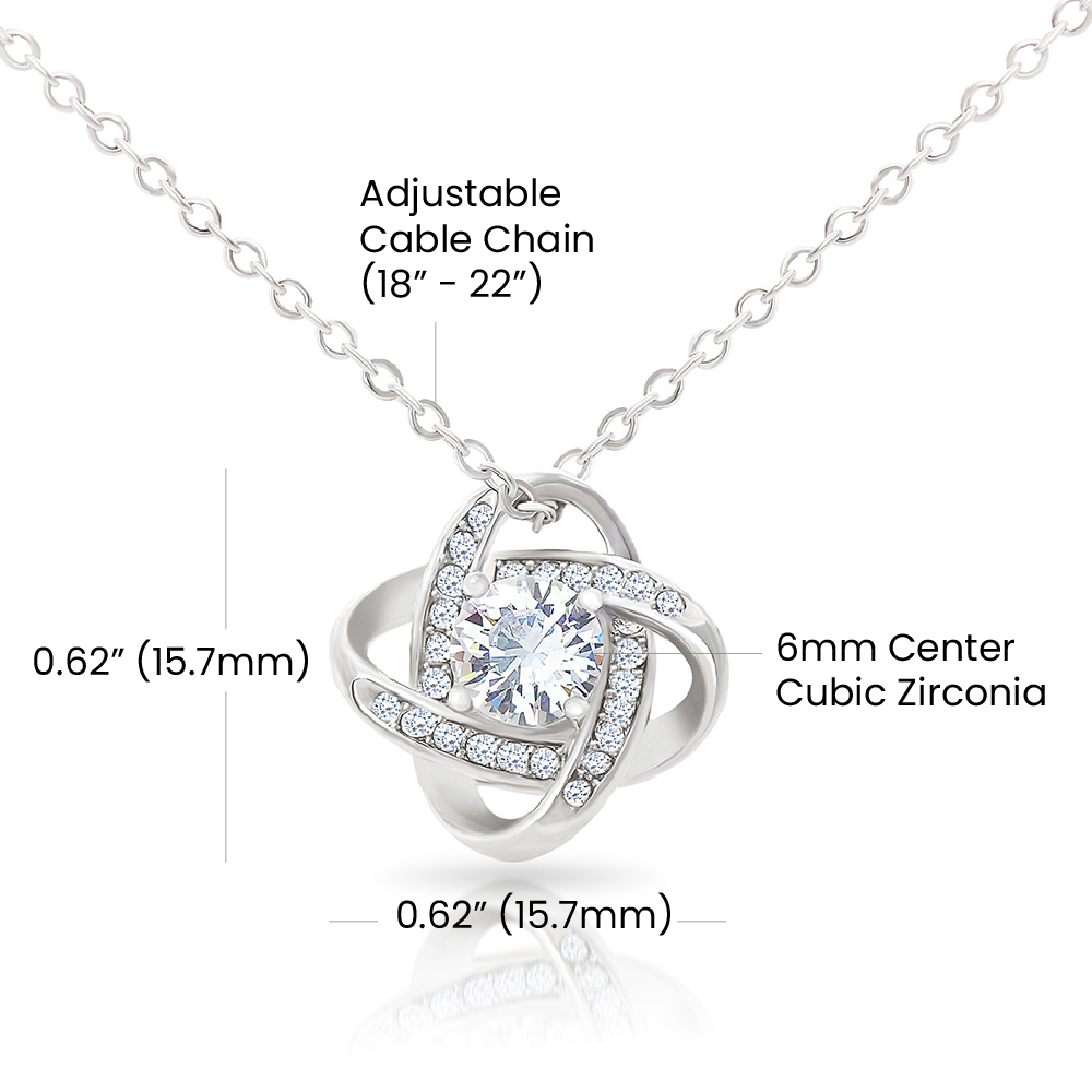 Product diagram of love knot pendant with dimensions and material specifications.