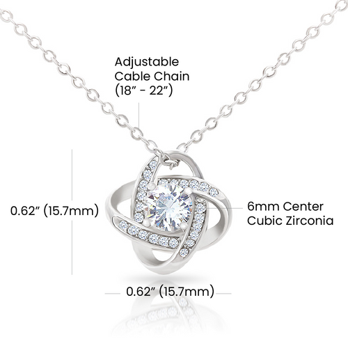 Product diagram of love knot pendant with dimensions and material specifications.