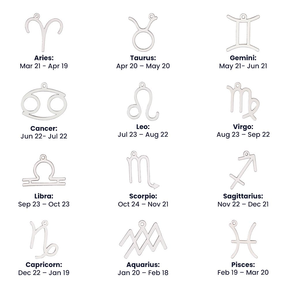 Zodiac Sign Necklace symbol chart, stainless steel, all twelve signs.