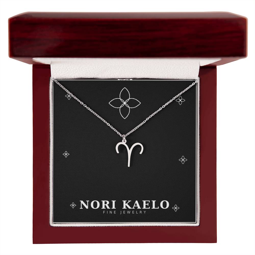 Zodiac Sign Necklace with Aries pendant in stainless steel, in mahogany luxury gift box.
