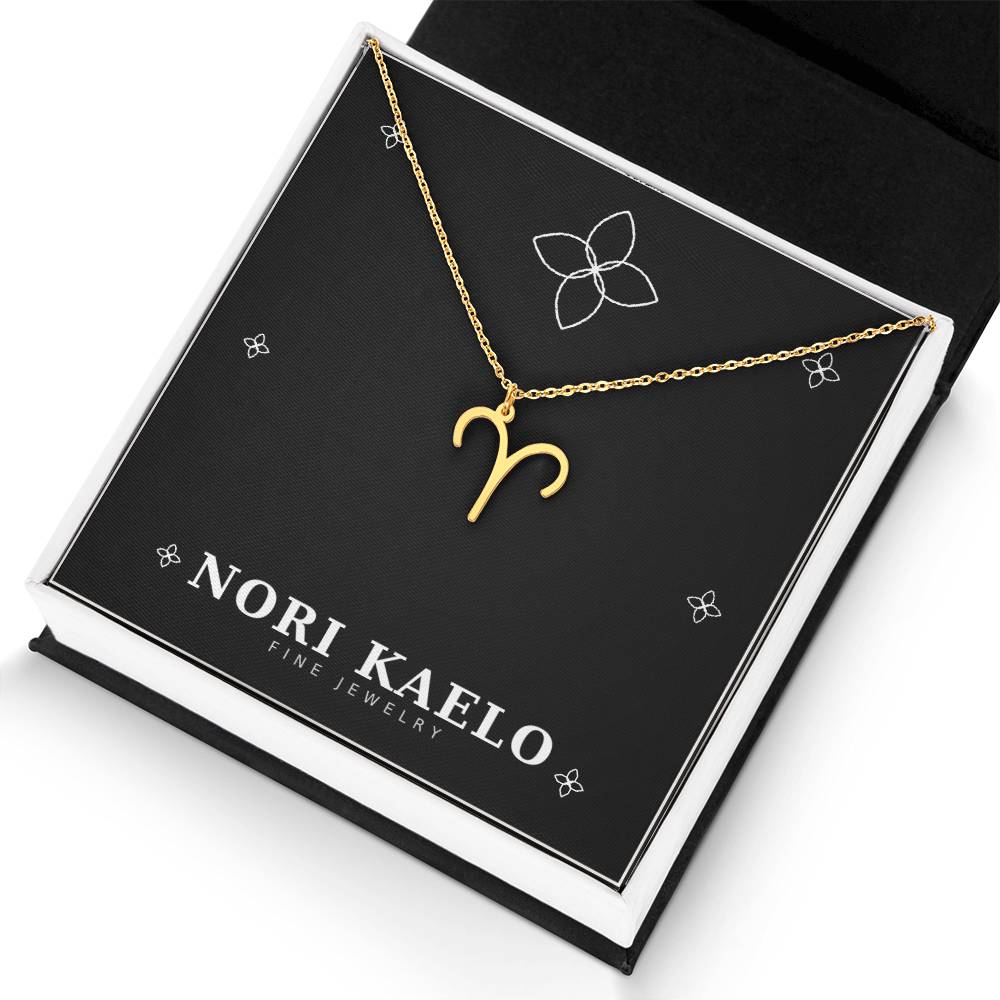 Gold Zodiac Sign Necklace with Aries pendant, angled view.