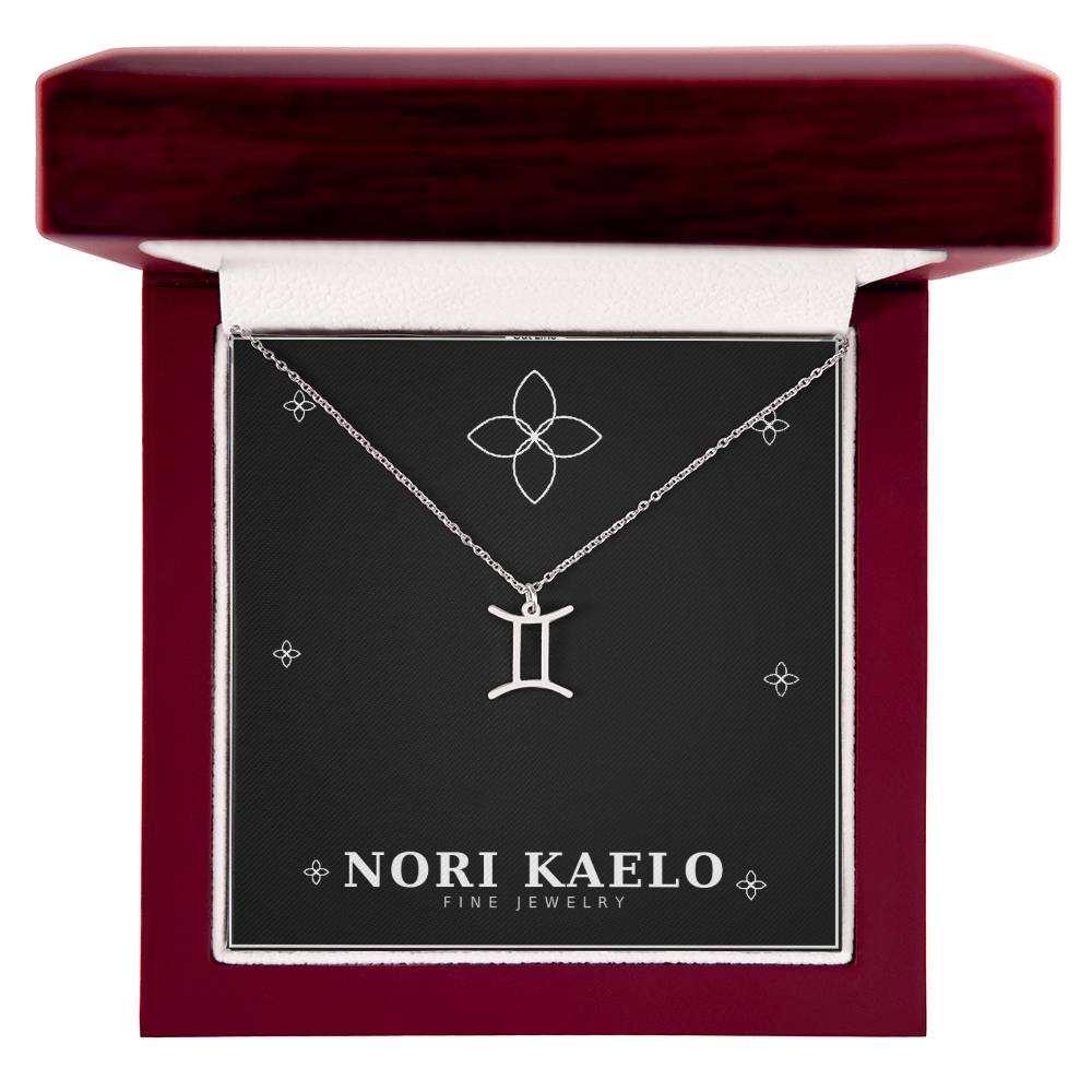 Zodiac Sign Necklace with Gemini pendant in stainless steel, in mahogany luxury gift box.