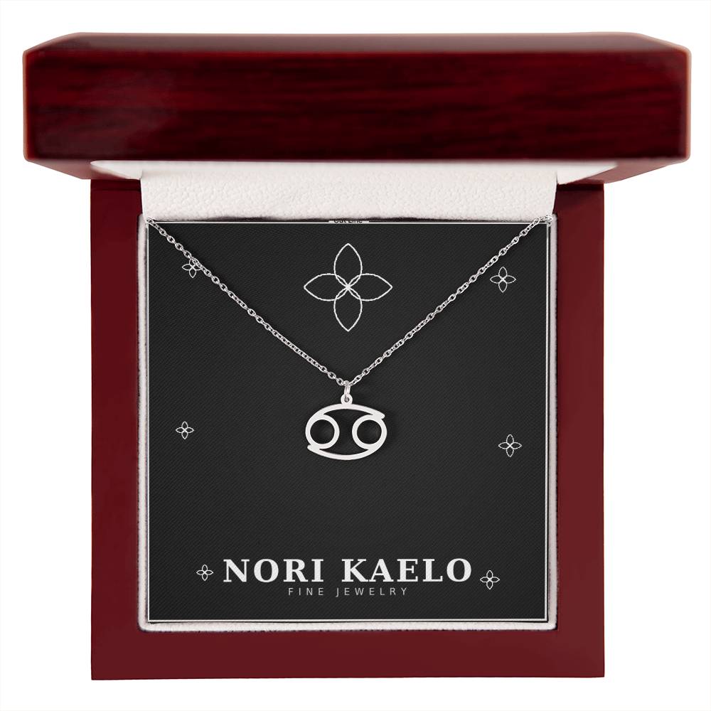 Zodiac Sign Necklace with Cancer pendant in stainless steel, in mahogany luxury gift box.