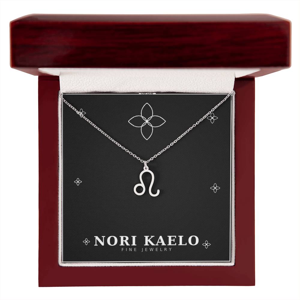 Zodiac Sign Necklace with Leo pendant in stainless steel, in mahogany luxury gift box.