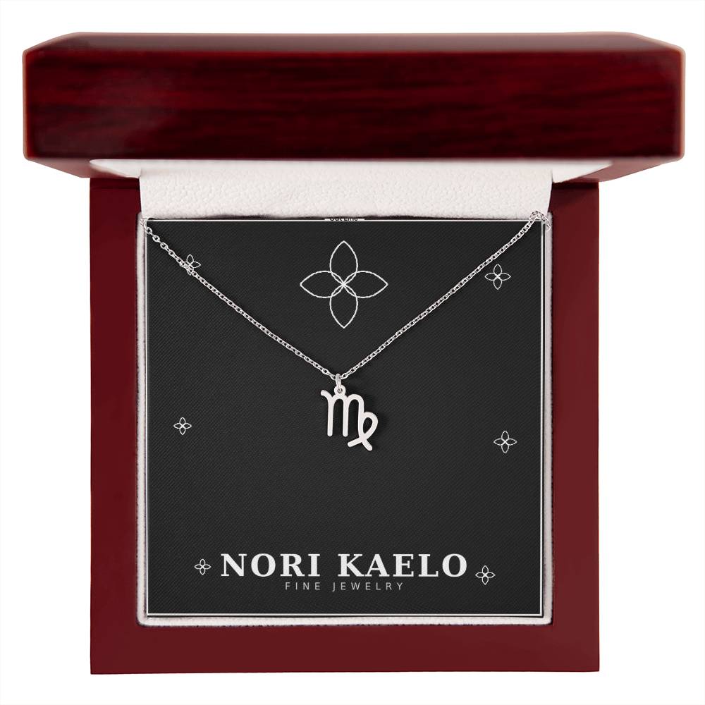 Zodiac Sign Necklace with Virgo pendant in stainless steel, in mahogany luxury gift box.
