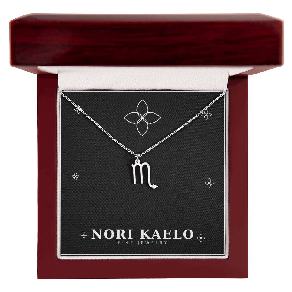 Zodiac Sign Necklace with Scorpio pendant in stainless steel, in mahogany luxury gift box.