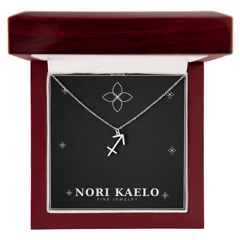 Zodiac Sign Necklace with Sagittarius pendant in stainless steel, in mahogany luxury gift box.