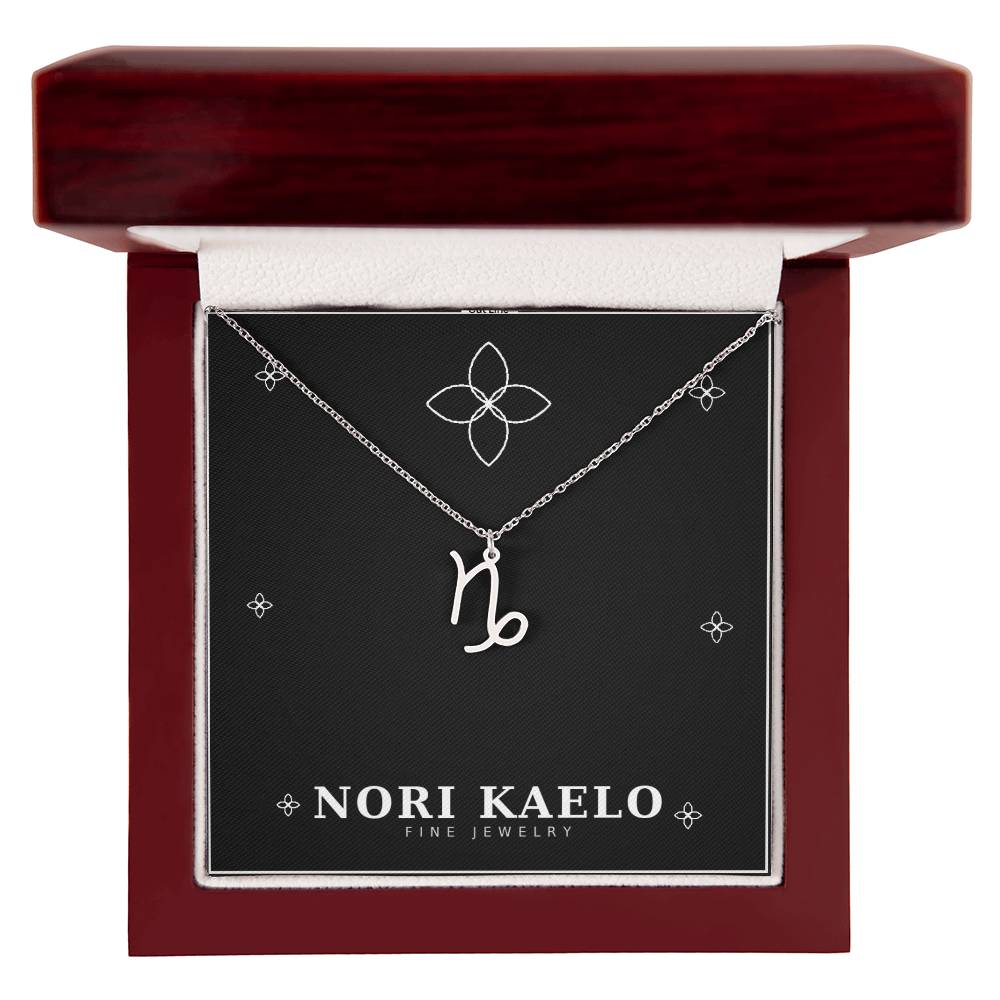 Zodiac Sign Necklace with Capricorn pendant in stainless steel, in mahogany luxury gift box.