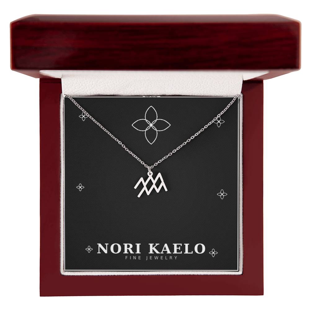 Zodiac Sign Necklace with Aquarius pendant in stainless steel, in mahogany luxury gift box.