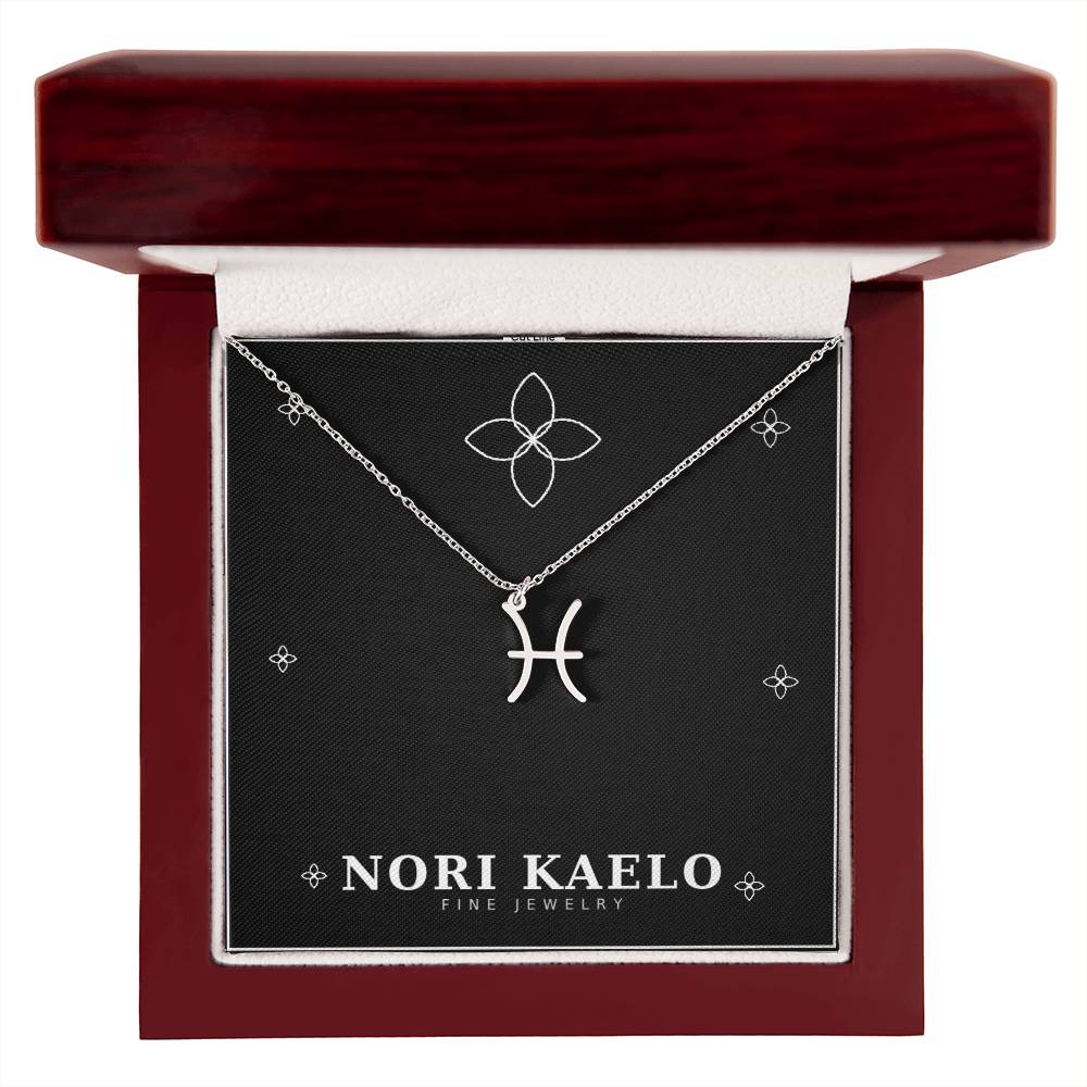 Zodiac Sign Necklace with Pisces pendant in stainless steel, in mahogany luxury gift box.